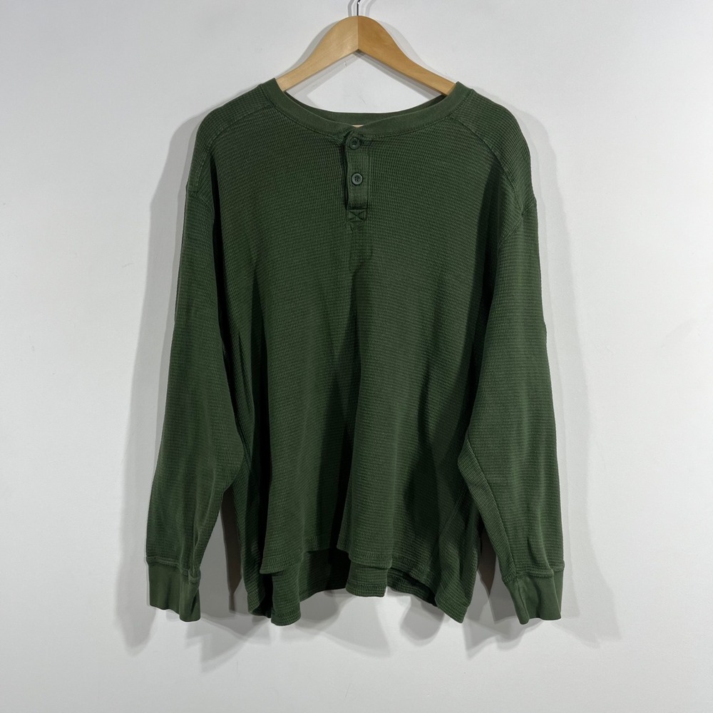 Faded Glory Y2K Thermal Henley Mens Green Waffle Knit Shirt 3XL Grunge Preppy